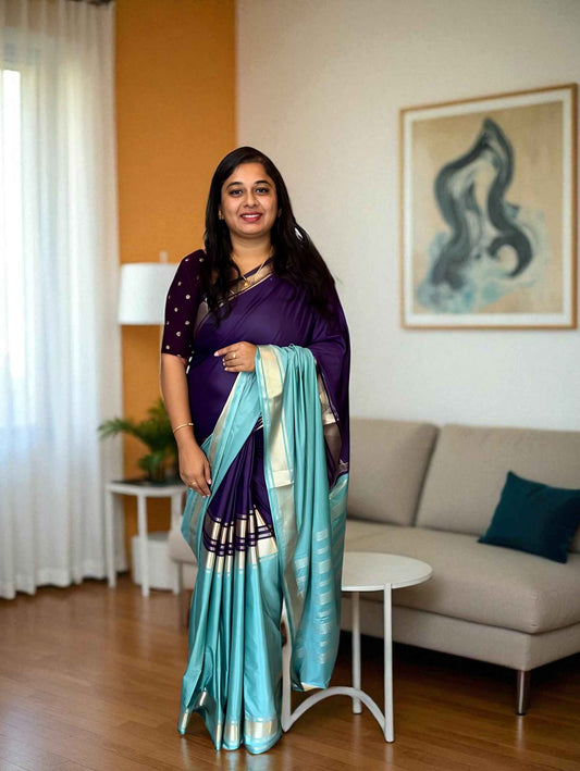 Mysore Semi Crepe Half and Half 2D - Green with Purple