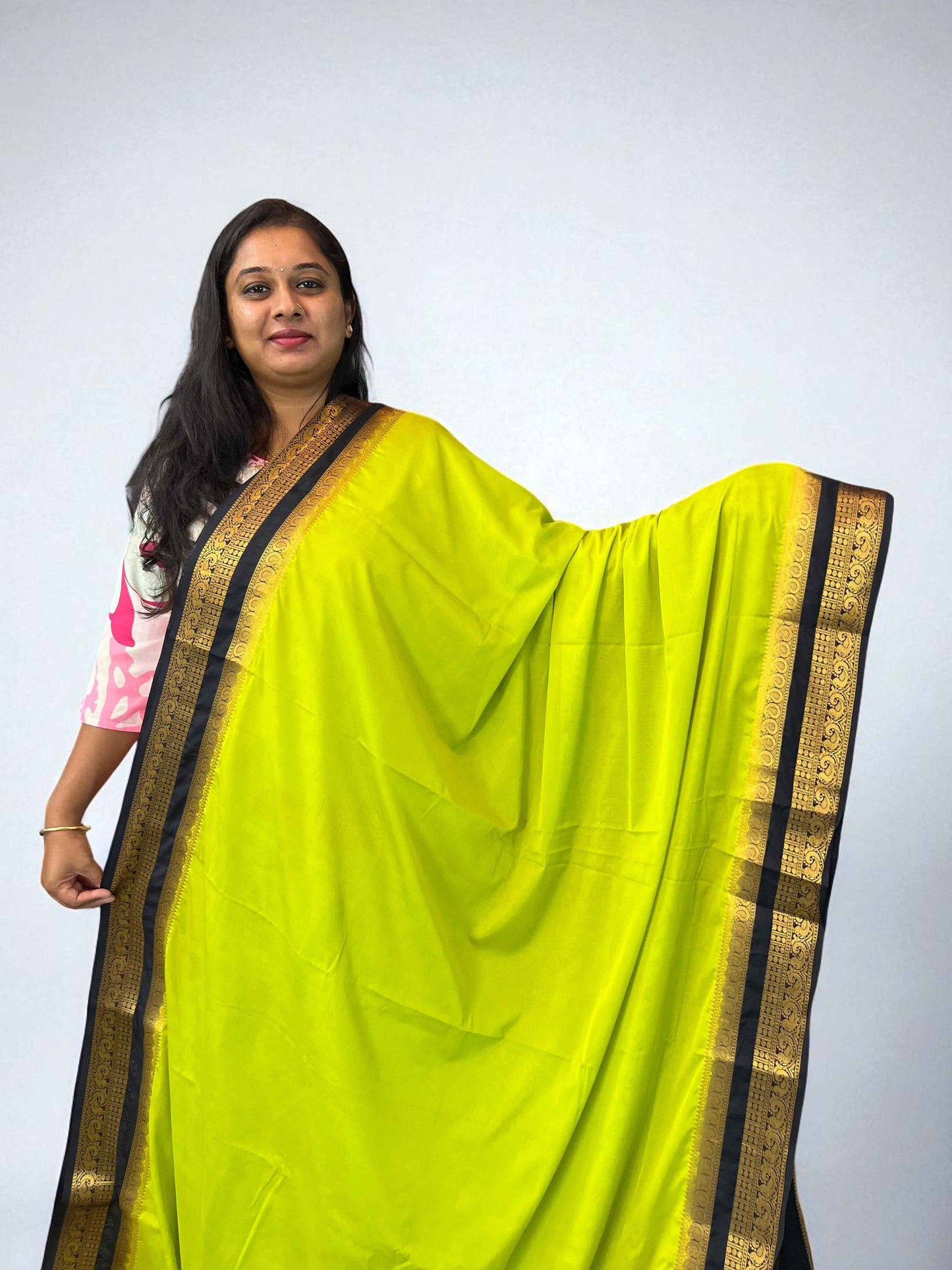 Semi Mysore Crepe Fabric in Neon Green with Black Contrast and Bentex Mango Border - Stylish and Elegant - Craft Of Aele