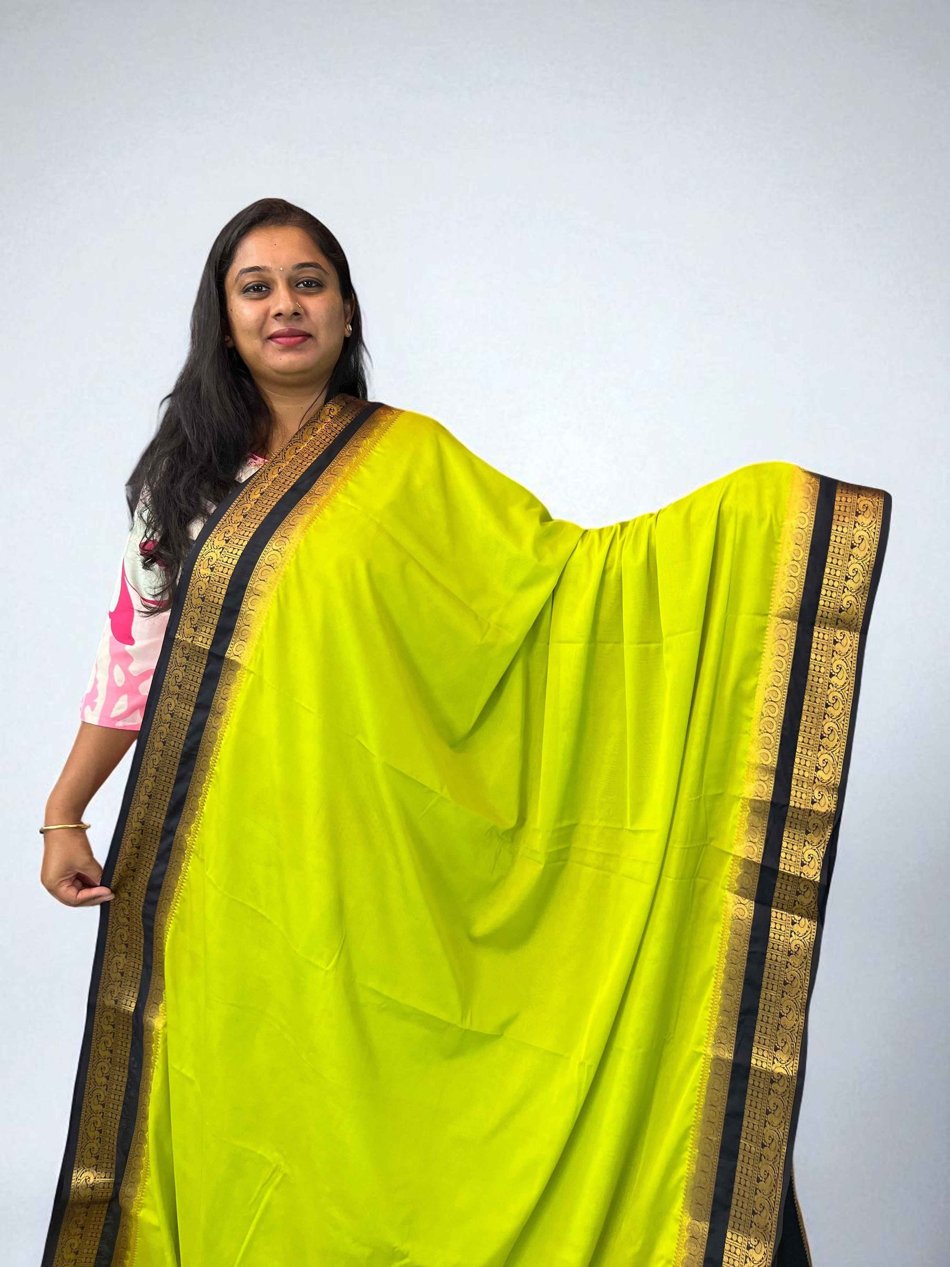 Semi Mysore Crepe Fabric in Neon Green with Black Contrast and Bentex Mango Border - Stylish and Elegant - Craft Of Aele