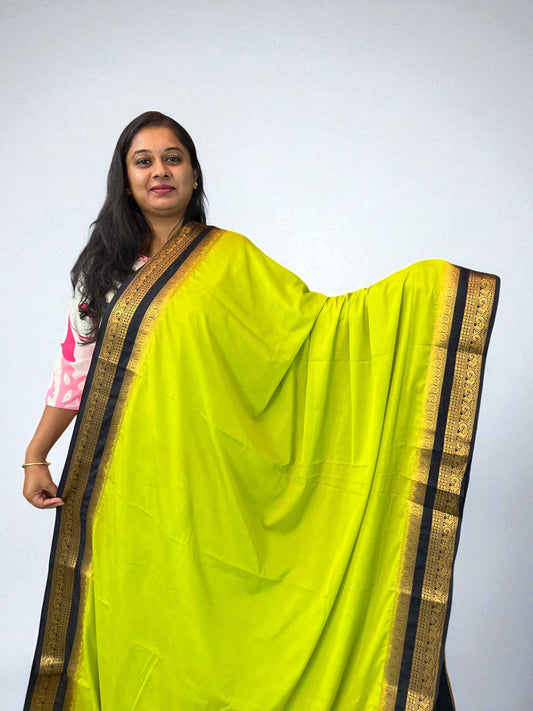 Semi Mysore Crepe Fabric in Neon Green with Black Contrast and Bentex Mango Border - Stylish and Elegant - Craft Of Aele
