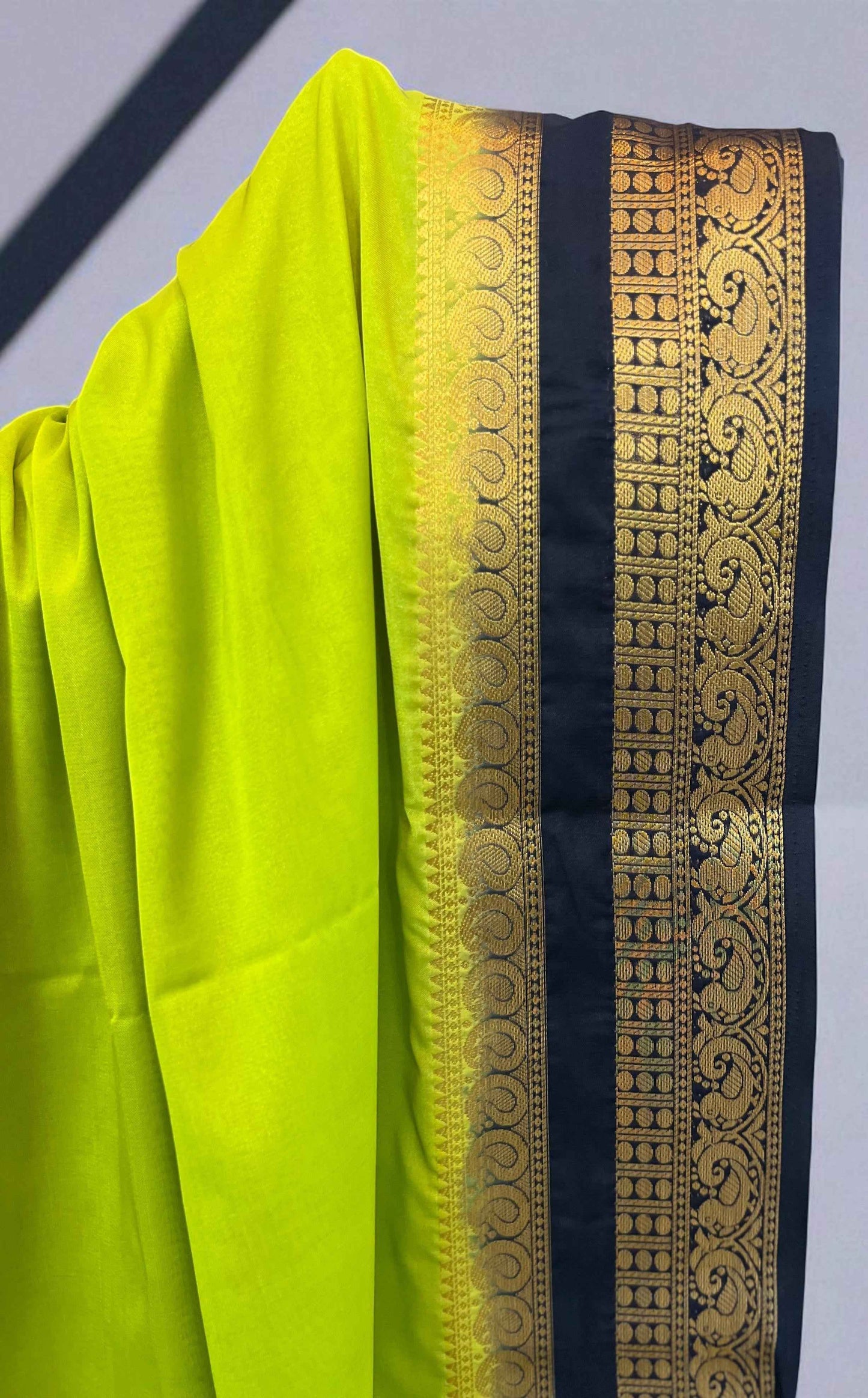 Semi Mysore Crepe Fabric in Neon Green with Black Contrast and Bentex Mango Border - Stylish and Elegant - Craft Of Aele