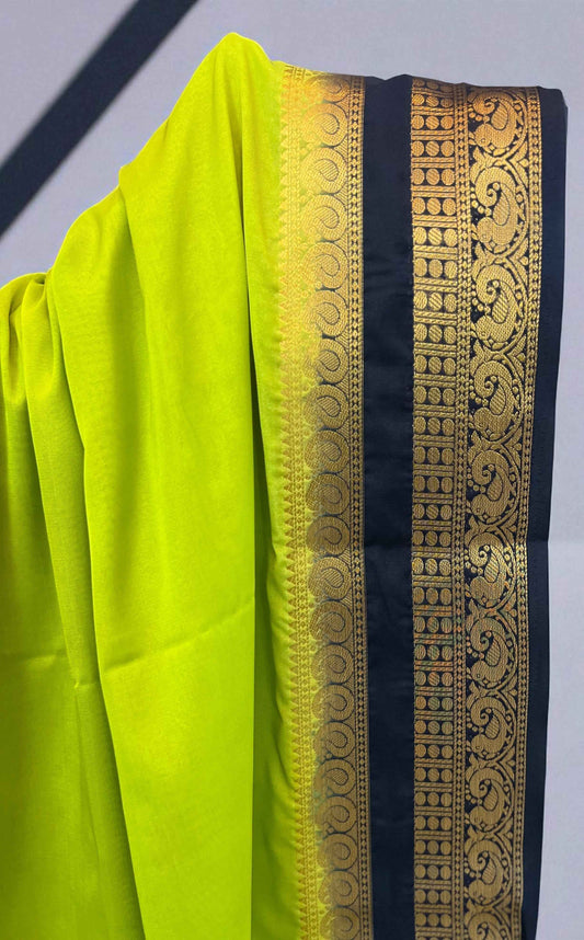 Semi Mysore Crepe Fabric in Neon Green with Black Contrast and Bentex Mango Border - Stylish and Elegant - Craft Of Aele