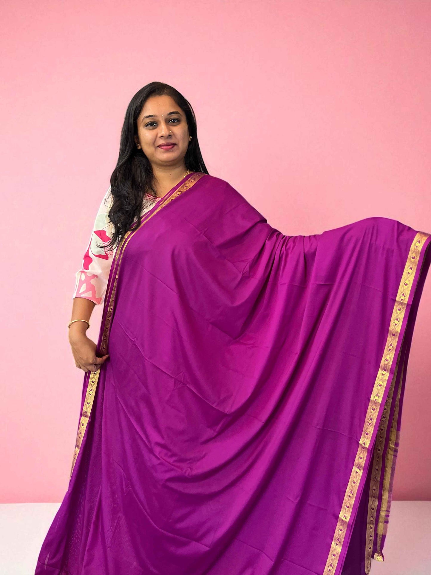 Semi Mysore Crepe Dark Pink Fabric with One Inch Border for Fashion and Crafts - Premium Quality - Craft Of Aele