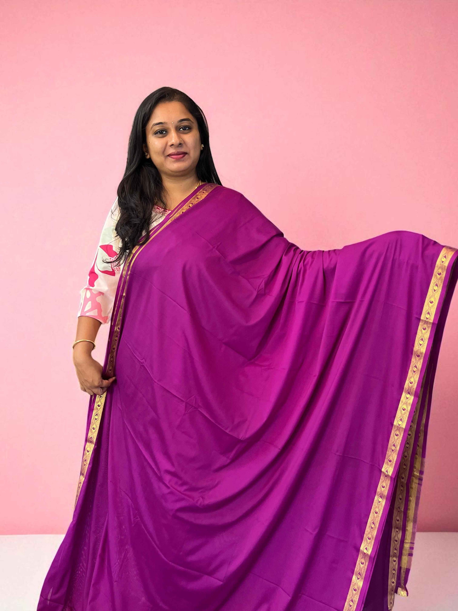 Semi Mysore Crepe Dark Pink Fabric with One Inch Border for Fashion and Crafts - Premium Quality - Craft Of Aele