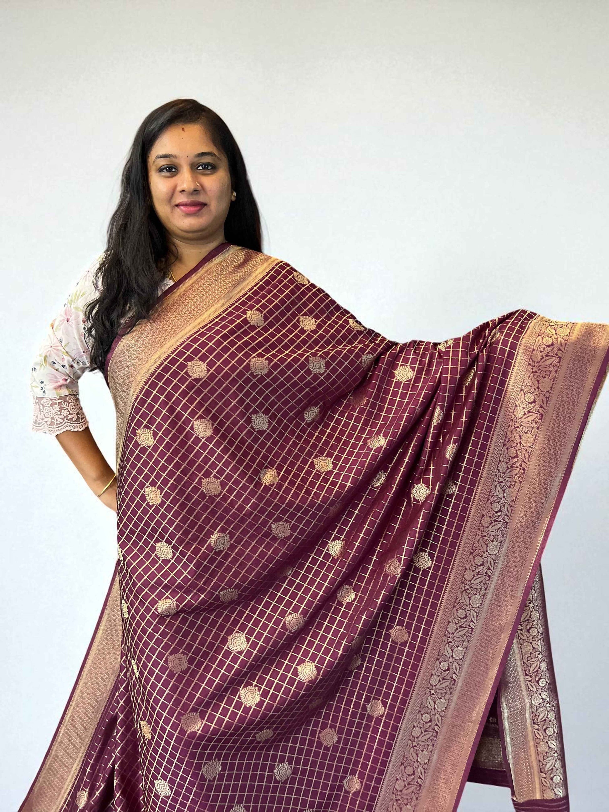 Premium Banarasi Crepe Fabric - Checks with Butta Design - Craft Of Aele