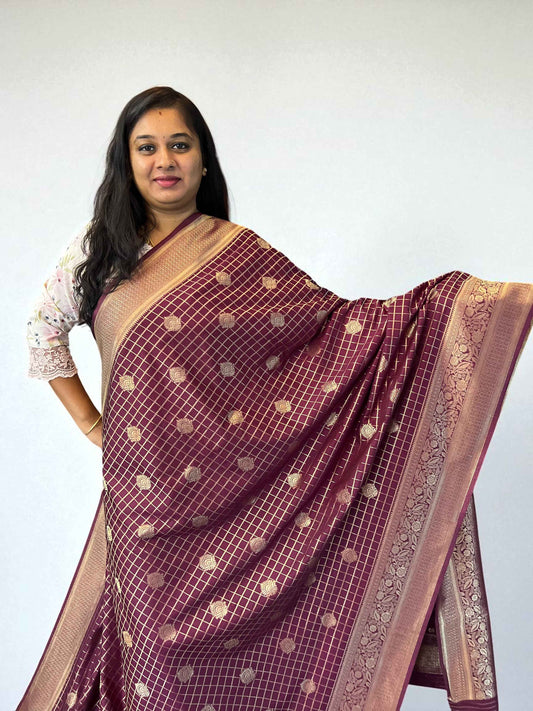 Premium Banarasi Crepe Fabric - Checks with Butta Design - Craft Of Aele