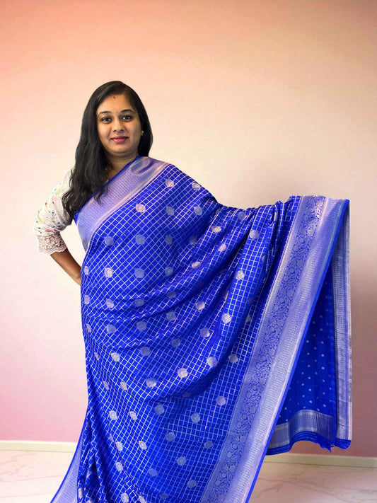 Premium Banarasi Crepe Royal Blue Fabric with Checks and Butta Design - Craft Of Aele