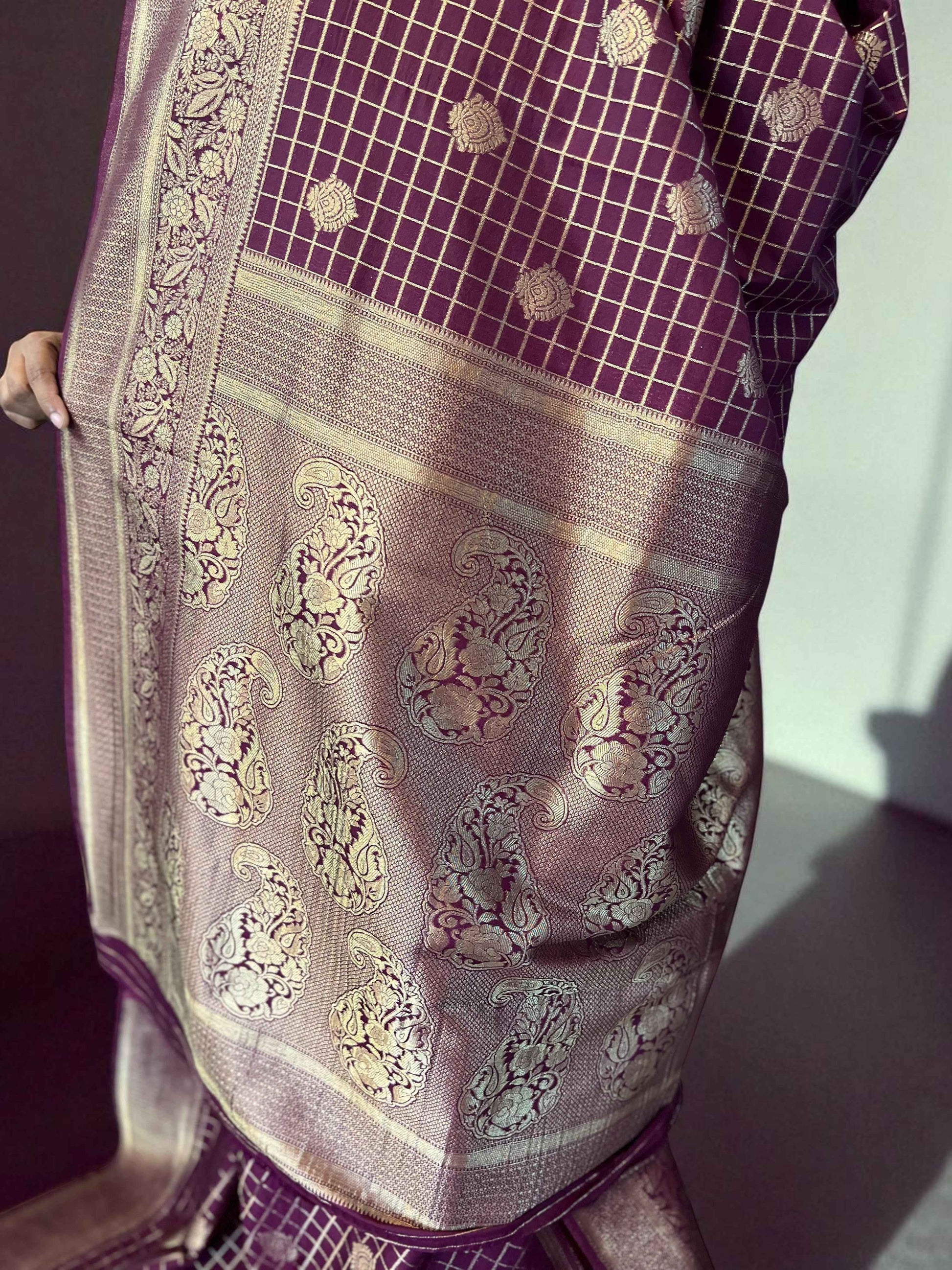 Premium Banarasi Crepe Fabric - Checks with Butta Design - Craft Of Aele