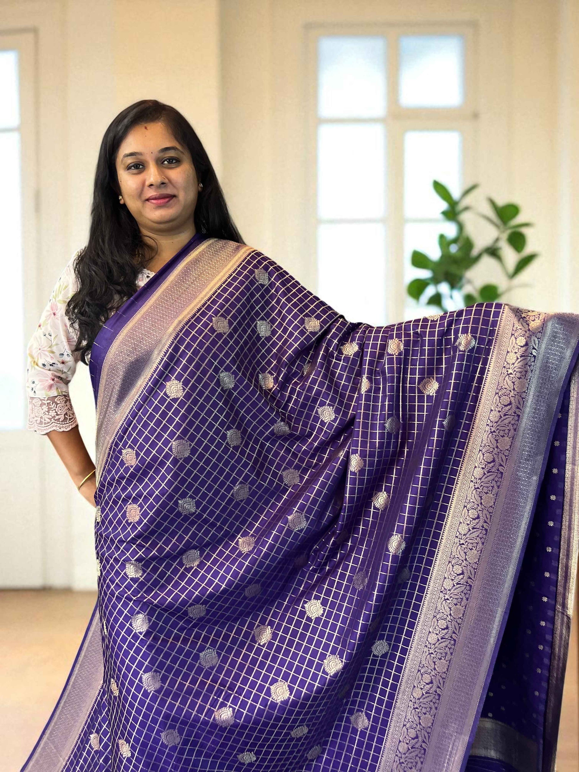 Premium Banarasi Crepe Dark Purple Checks with Butta - Elegant Indian Fabric - Craft Of Aele