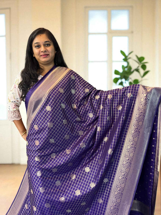 Premium Banarasi Crepe Dark Purple Checks with Butta - Elegant Indian Fabric - Craft Of Aele