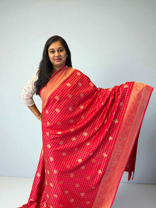 Premium Banarasi Crepe Red Fabric with Checks and Butta Design - Craft Of Aele