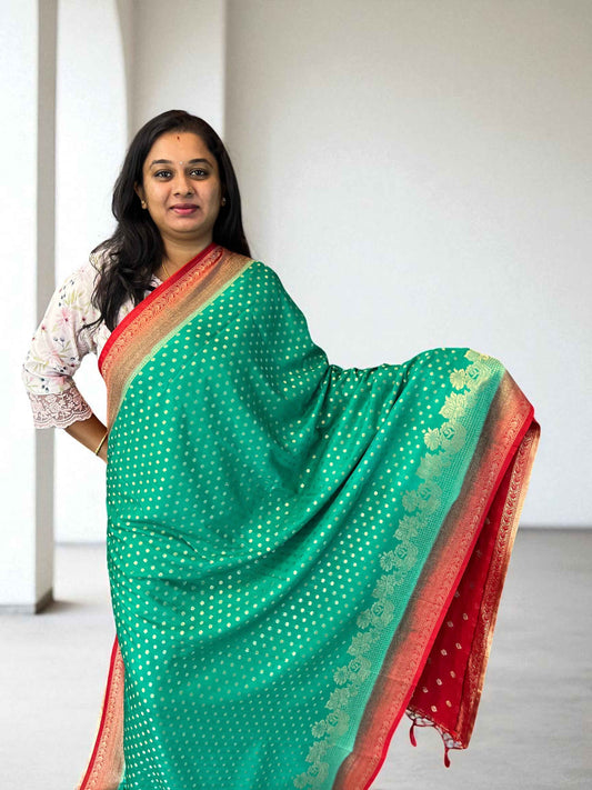 Premium Georgette Green Red Butta Fabric - Craft Of Aele