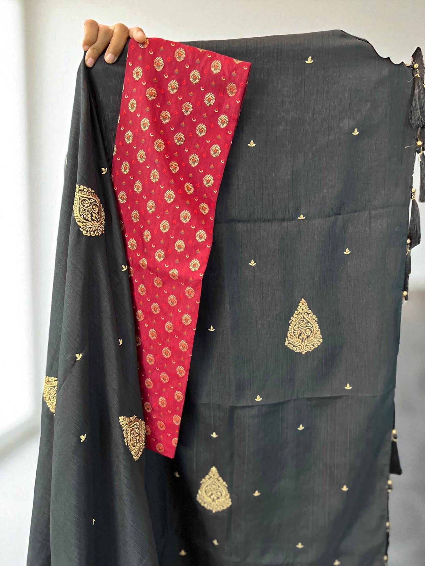 Raw Silk Black With Red Blouse - Elegant Luxury Fabric for Stunning Outfits - Craft Of Aele