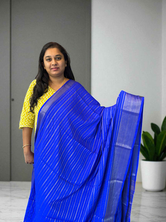 Semi Crepe Royal Blue Lines Design Dress for Elegant Occasions - Perfect for Special Events - Craft Of Aele