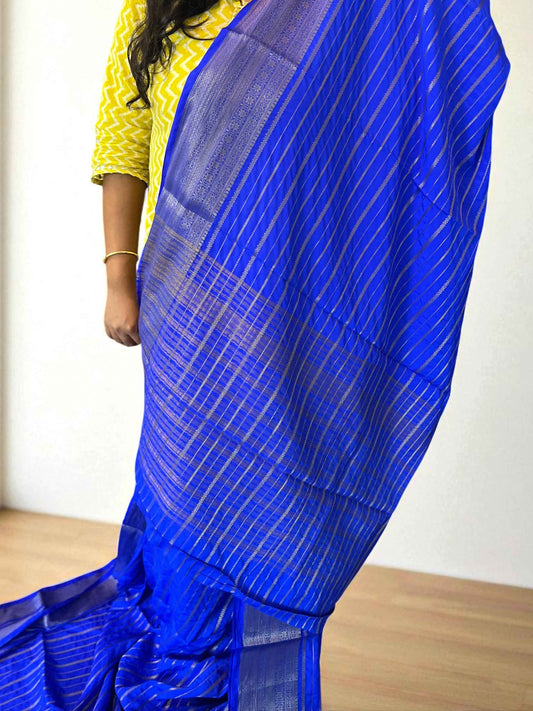 Semi Crepe Royal Blue Lines Design Dress for Elegant Occasions - Perfect for Special Events - Craft Of Aele