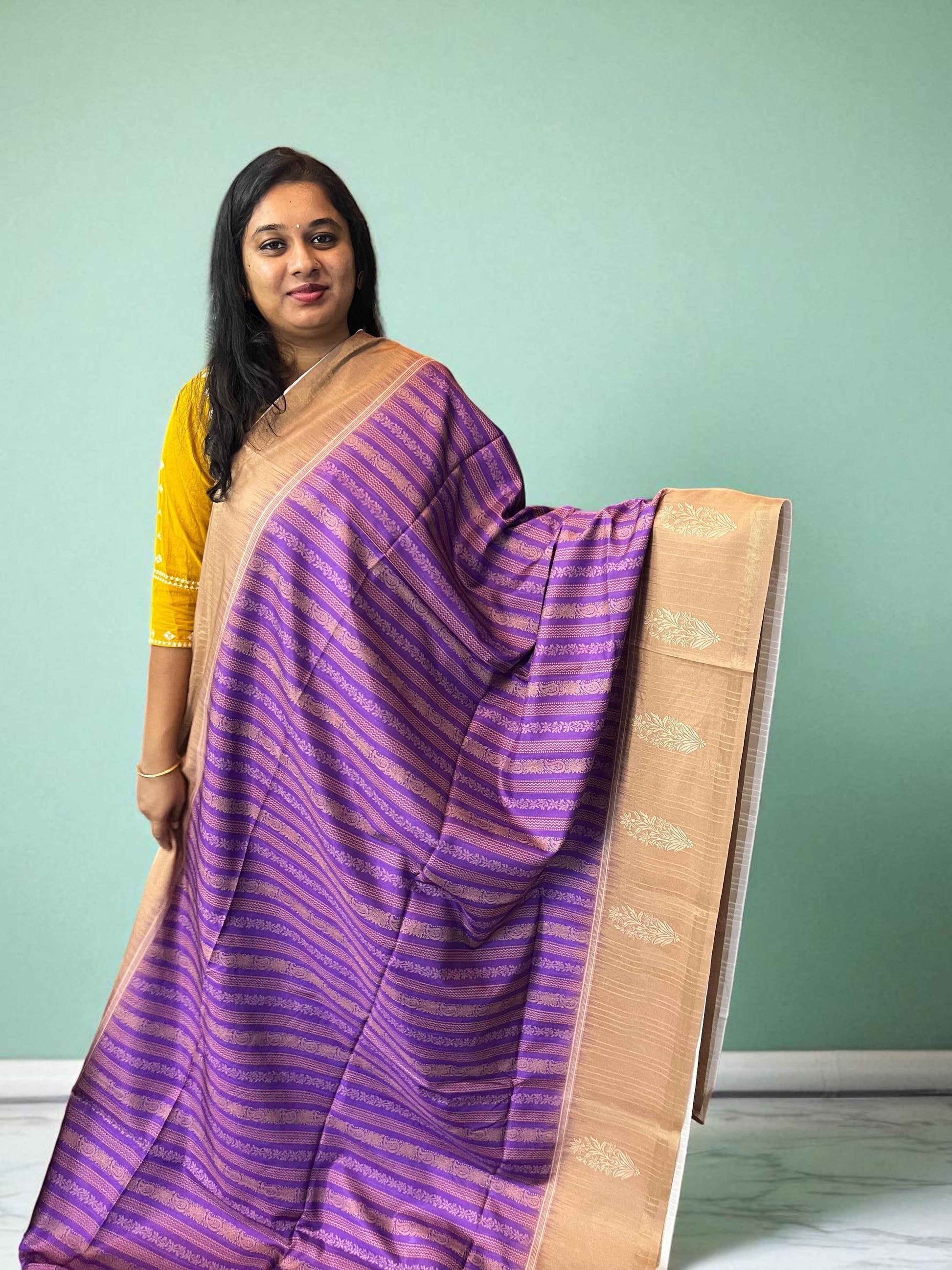 Soft Silk Saree Purple with Beige Elegant Design - Craft Of Aele