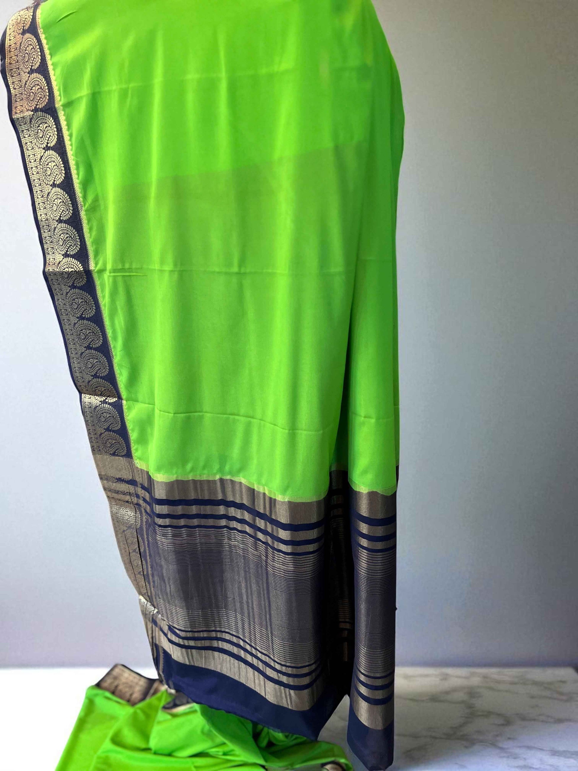 Semi Crepe Mango Border Fabric - Parrot Green with Navy Blue - Craft Of Aele