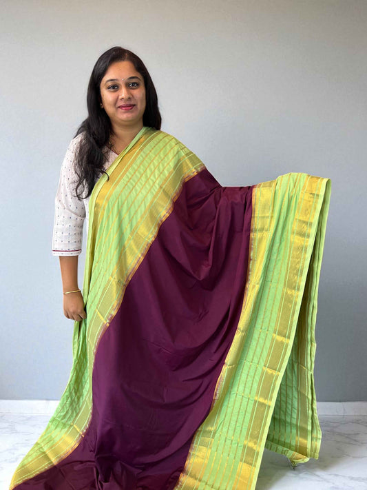 Semi Crepe 2D Wine Fabric with Parrot Green Accents - Craft Of Aele