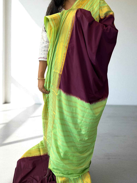 Semi Crepe 2D Wine Fabric with Parrot Green Accents - Craft Of Aele