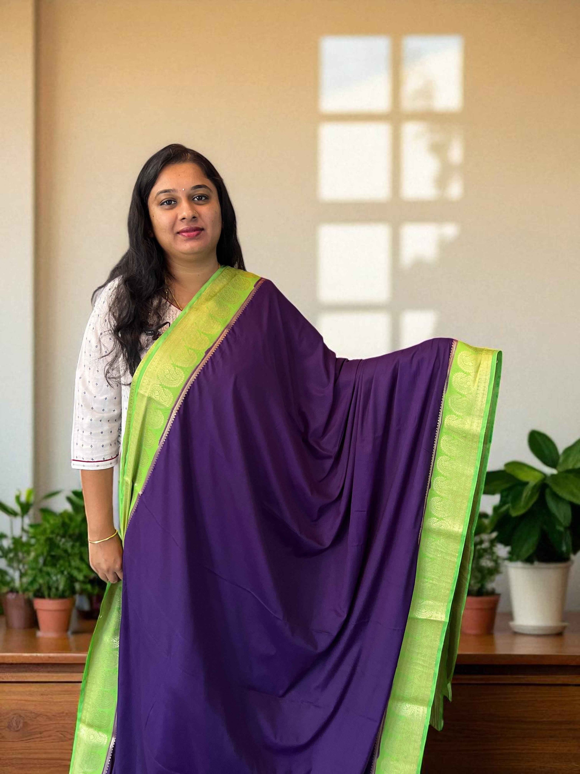 Semi Crepe Mango Border Fabric - Purple with Parrot Green - Craft Of Aele