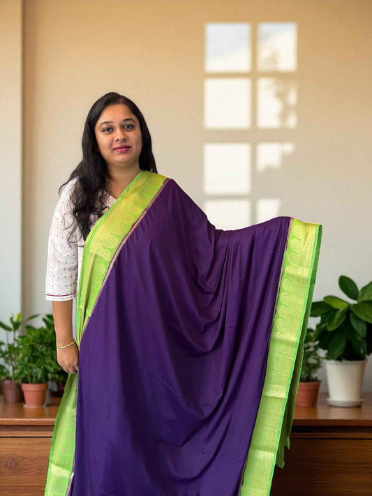 Semi Crepe Mango Border Fabric - Purple with Parrot Green - Craft Of Aele