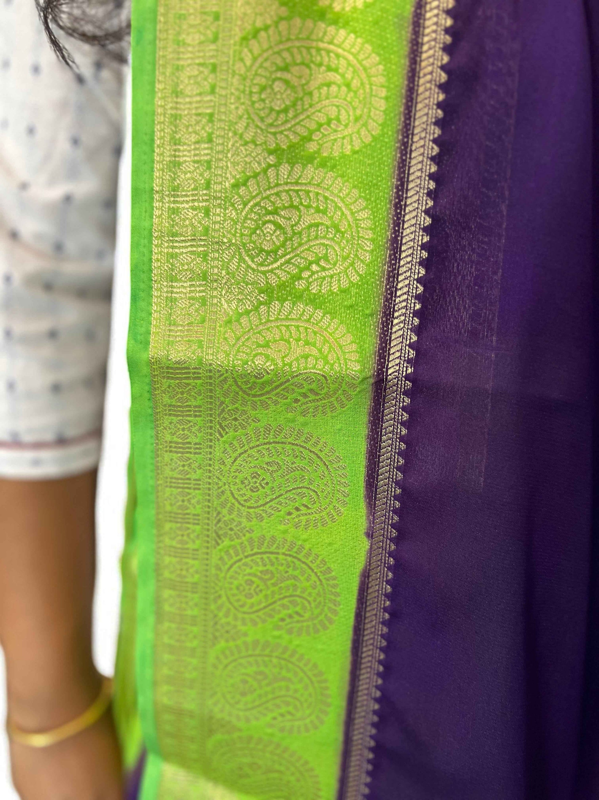 Semi Crepe Mango Border Fabric - Purple with Parrot Green - Craft Of Aele