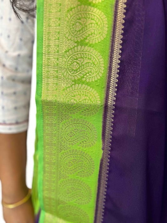 Semi Crepe Mango Border Fabric - Purple with Parrot Green - Craft Of Aele