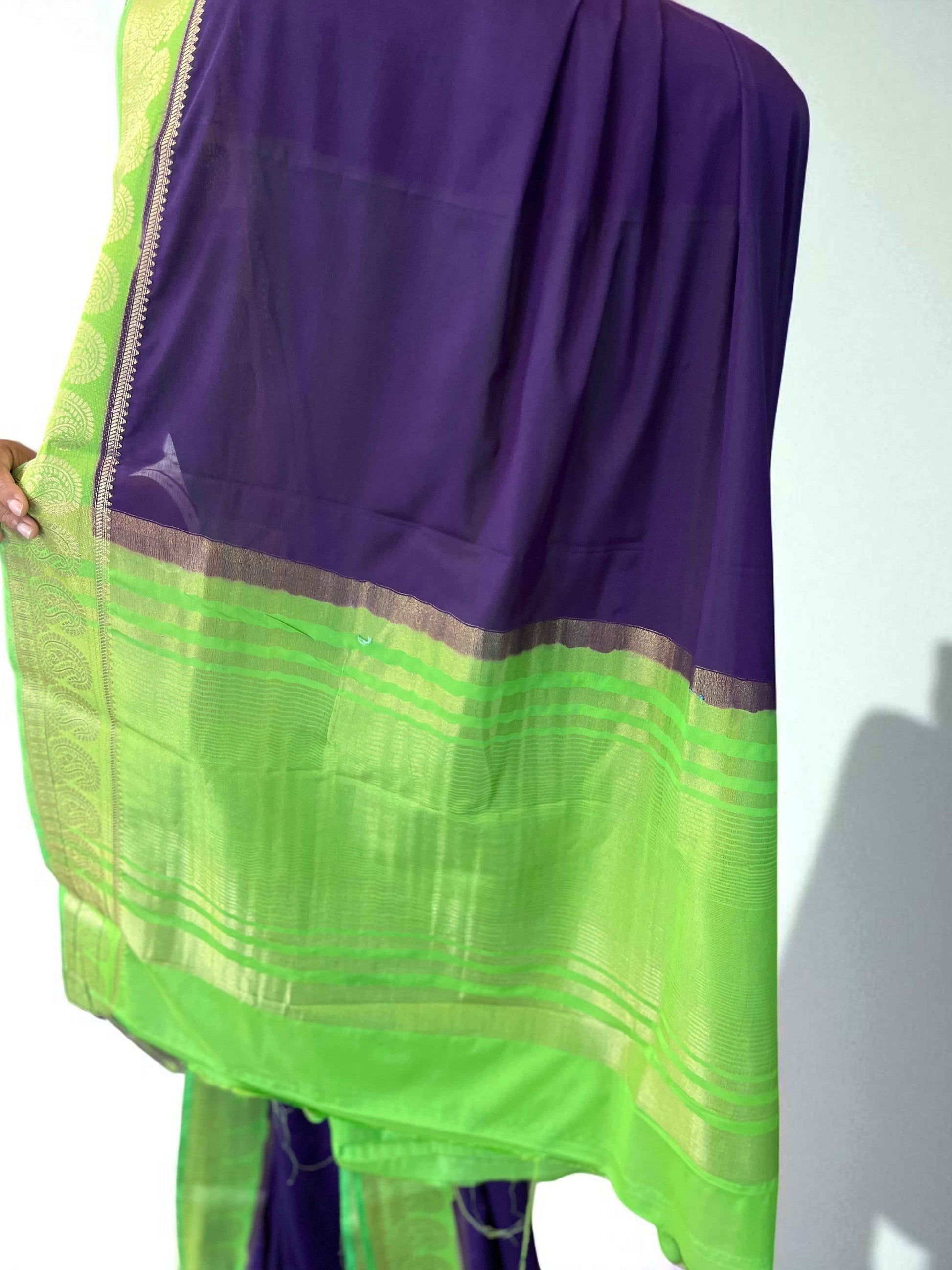 Semi Crepe Mango Border Fabric - Purple with Parrot Green - Craft Of Aele