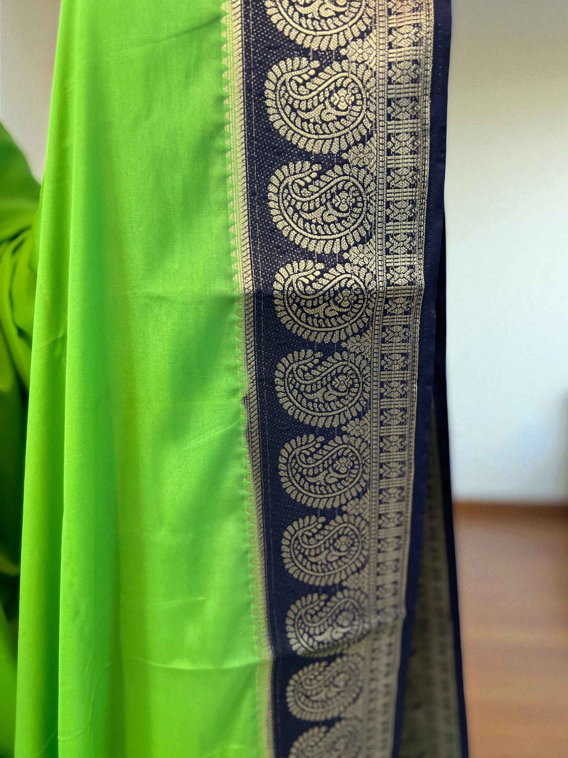 Semi Crepe Mango Border Fabric - Parrot Green with Navy Blue - Craft Of Aele