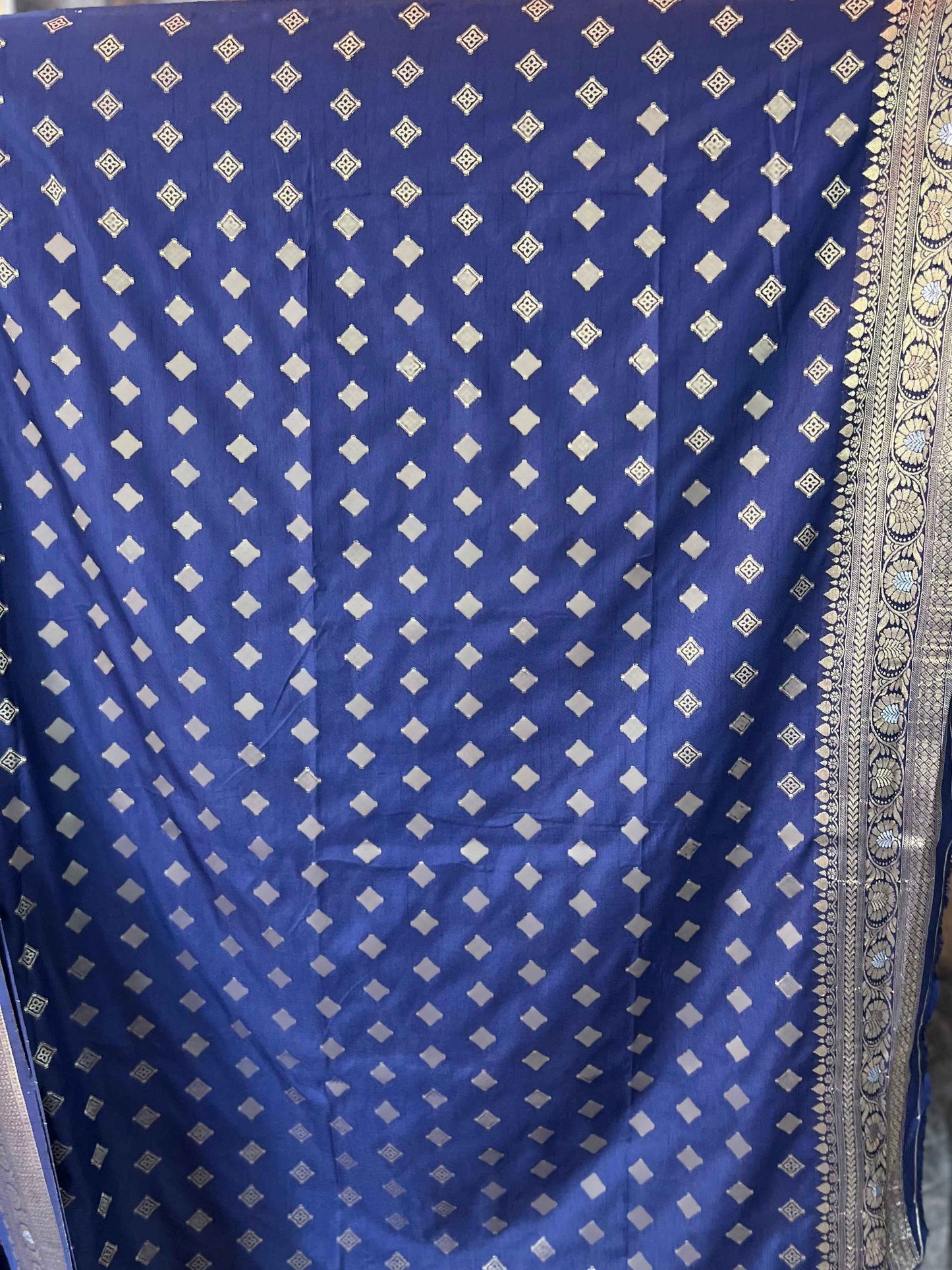 Banarasi Crepe Fabric with Golden and Silver Leaf Butta in Navy Blue Shade - Craft Of Aele