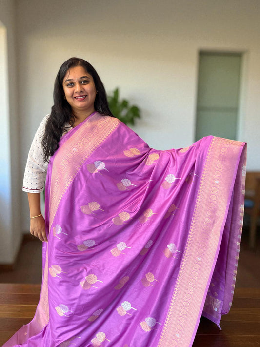 Banarasi Crepe Pink Shade with Golden and Silver Leaf Butta - Craft Of Aele