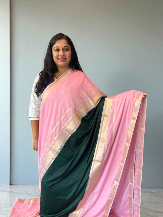Mysore Semi Crepe Saree Bottle Green with Pink Big Bentex Border - Craft Of Aele