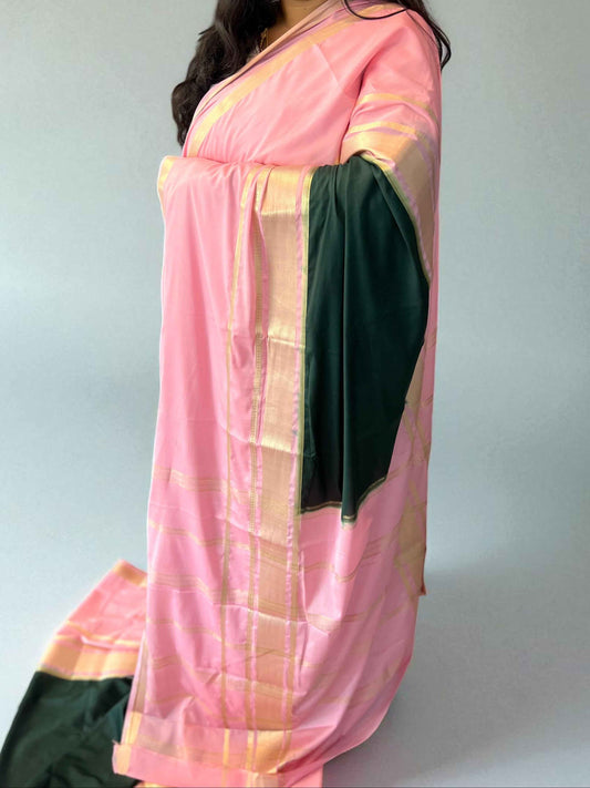 Mysore Semi Crepe Saree Bottle Green with Pink Big Bentex Border - Craft Of Aele