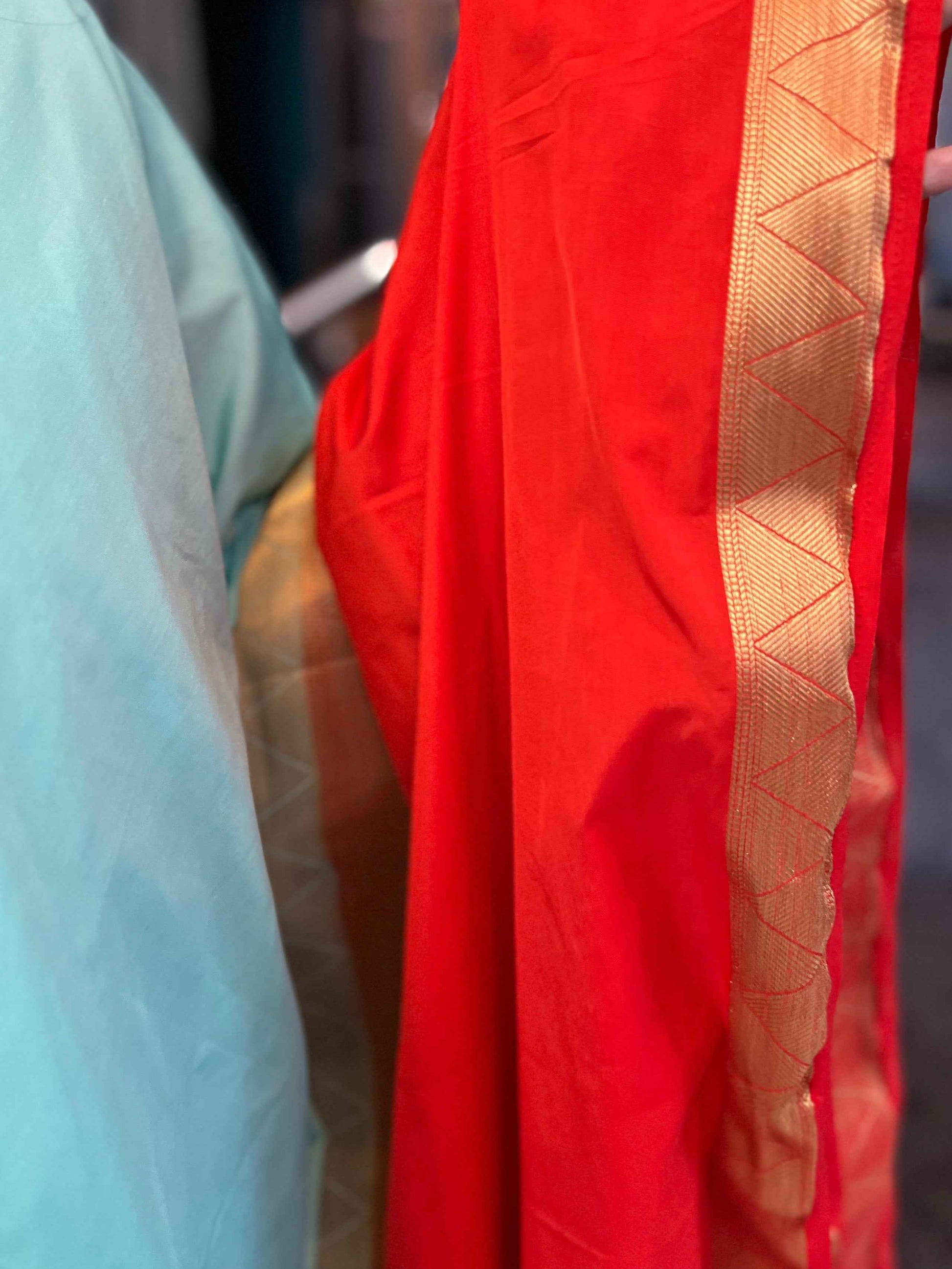 Mysore Half and Half Saree in Sea Blue and Red Semi Crepe - Craft Of Aele