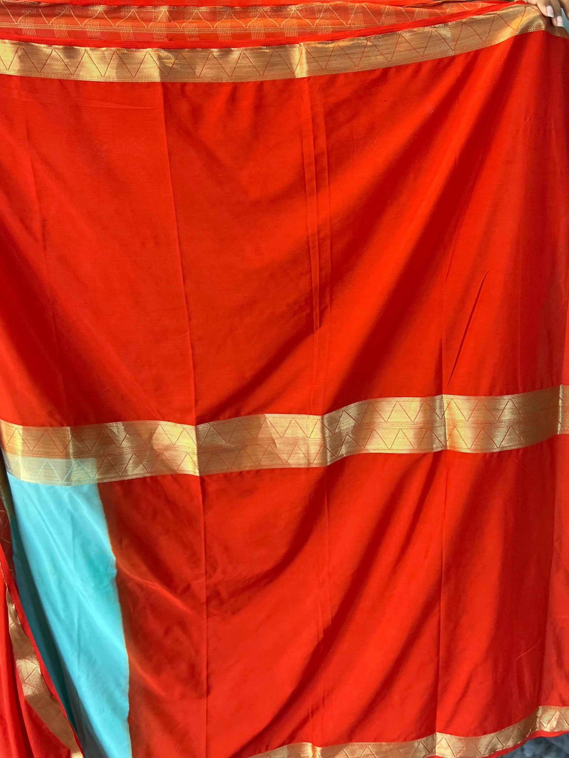 Mysore Half and Half Saree in Sea Blue and Red Semi Crepe - Craft Of Aele