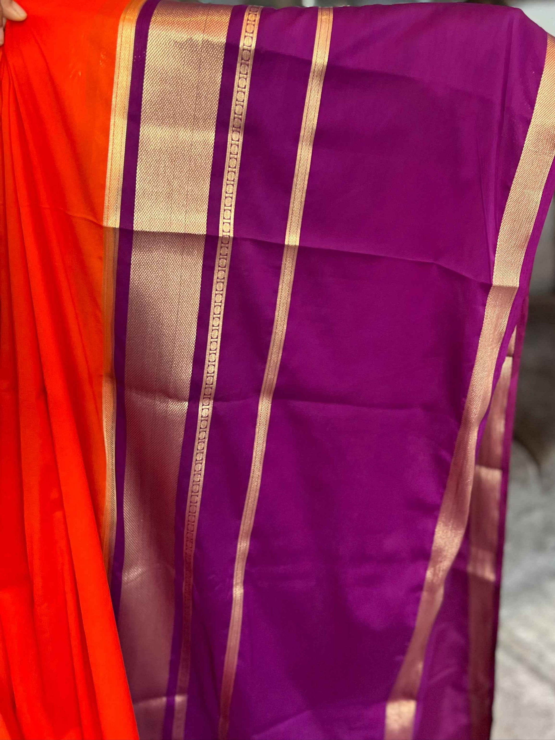 Mysore Semi Crepe Border Saree in Orange with Purple Bentex Border - Craft Of Aele
