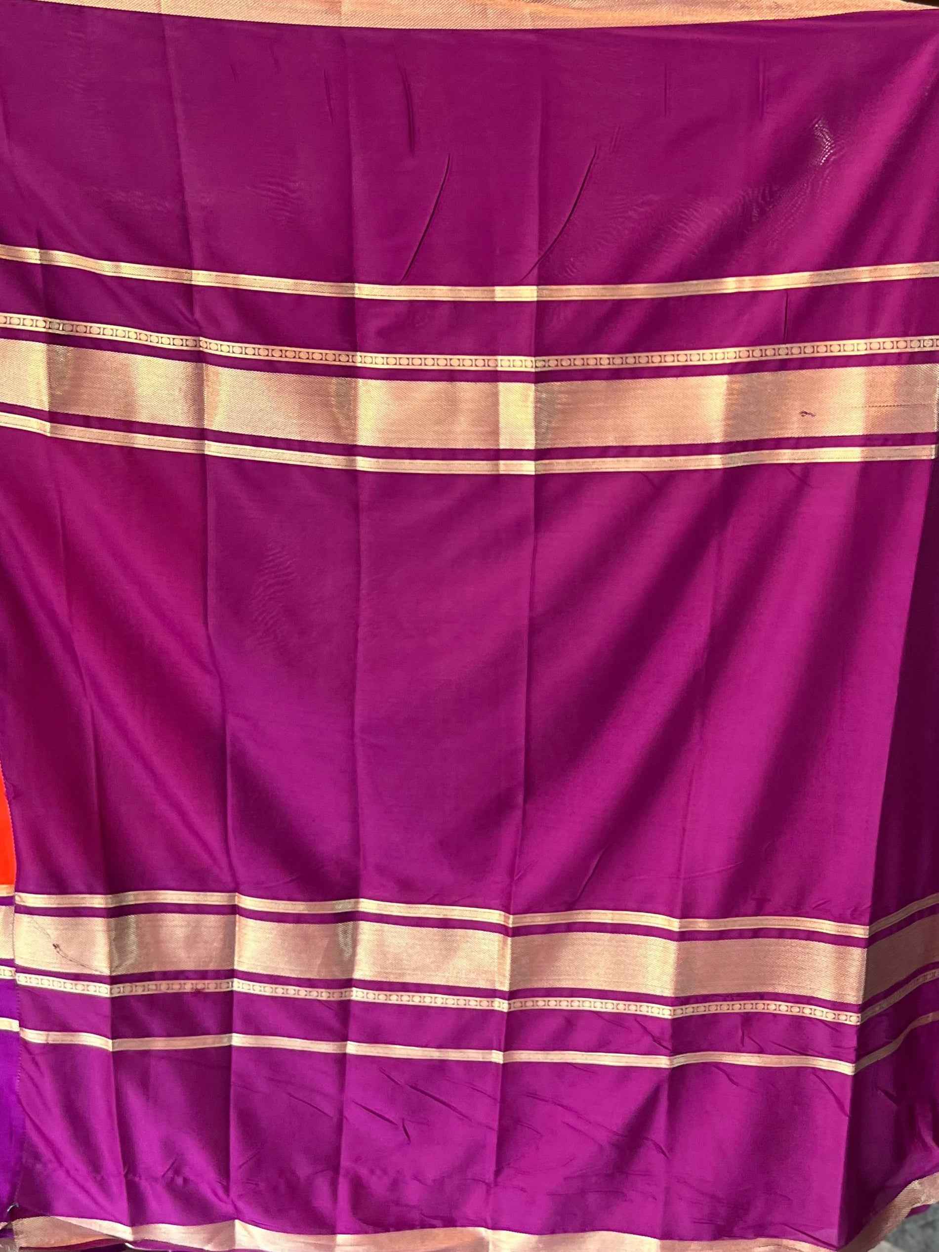Mysore Semi Crepe Border Saree in Orange with Purple Bentex Border - Craft Of Aele
