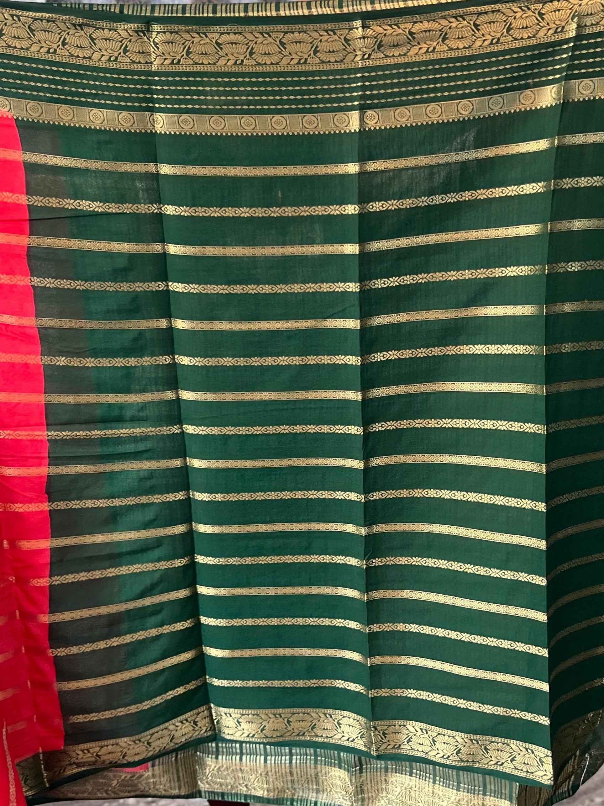 Premium Georgette Saree in Tomato Red with Bottle Green Accents - Craft Of Aele