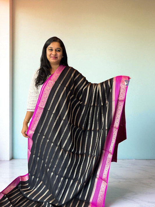 Premium Georgette Saree - Elegant Black with Pink Design - Craft Of Aele