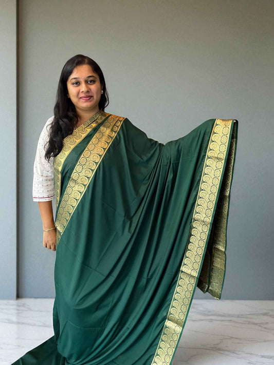 Mysore Semi Crepe Saree with Mango Border in Bottle Green - Craft Of Aele