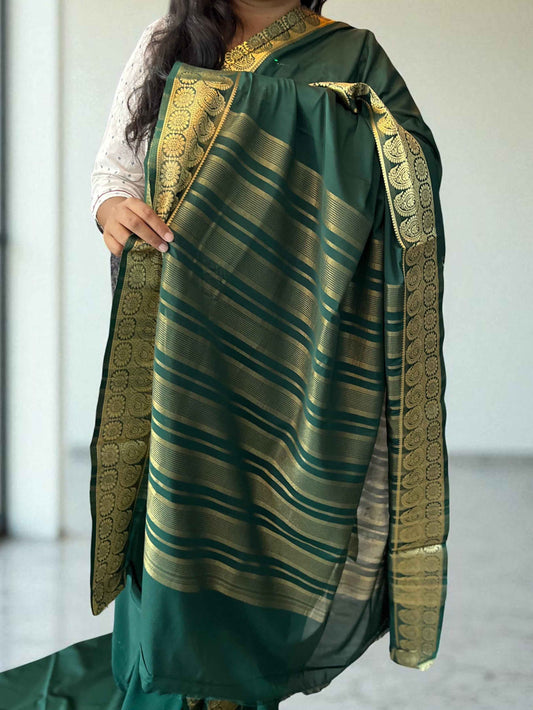 Mysore Semi Crepe Saree with Mango Border in Bottle Green - Craft Of Aele