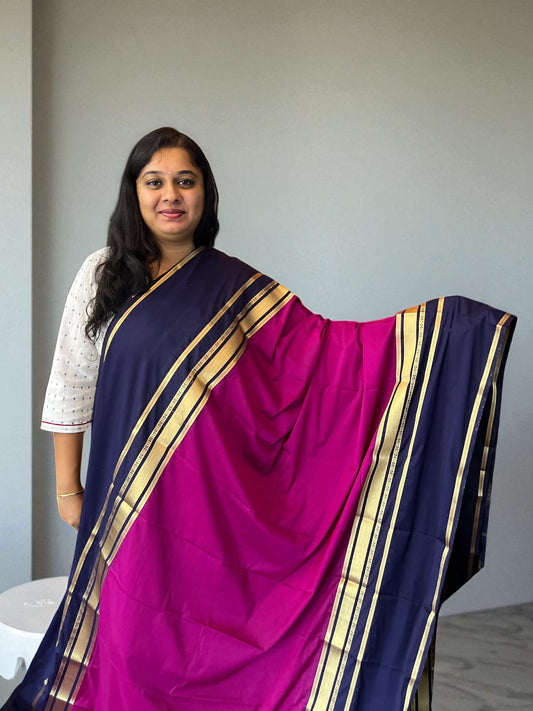 Mysore Semi Crepe Saree with Big Bentex Border in Pink and Navy Blue - Craft Of Aele