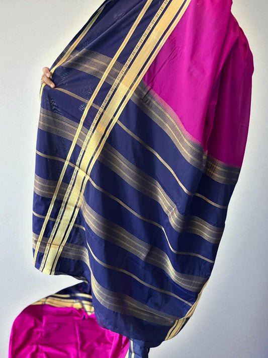 Mysore Semi Crepe Saree with Big Bentex Border in Pink and Navy Blue - Craft Of Aele
