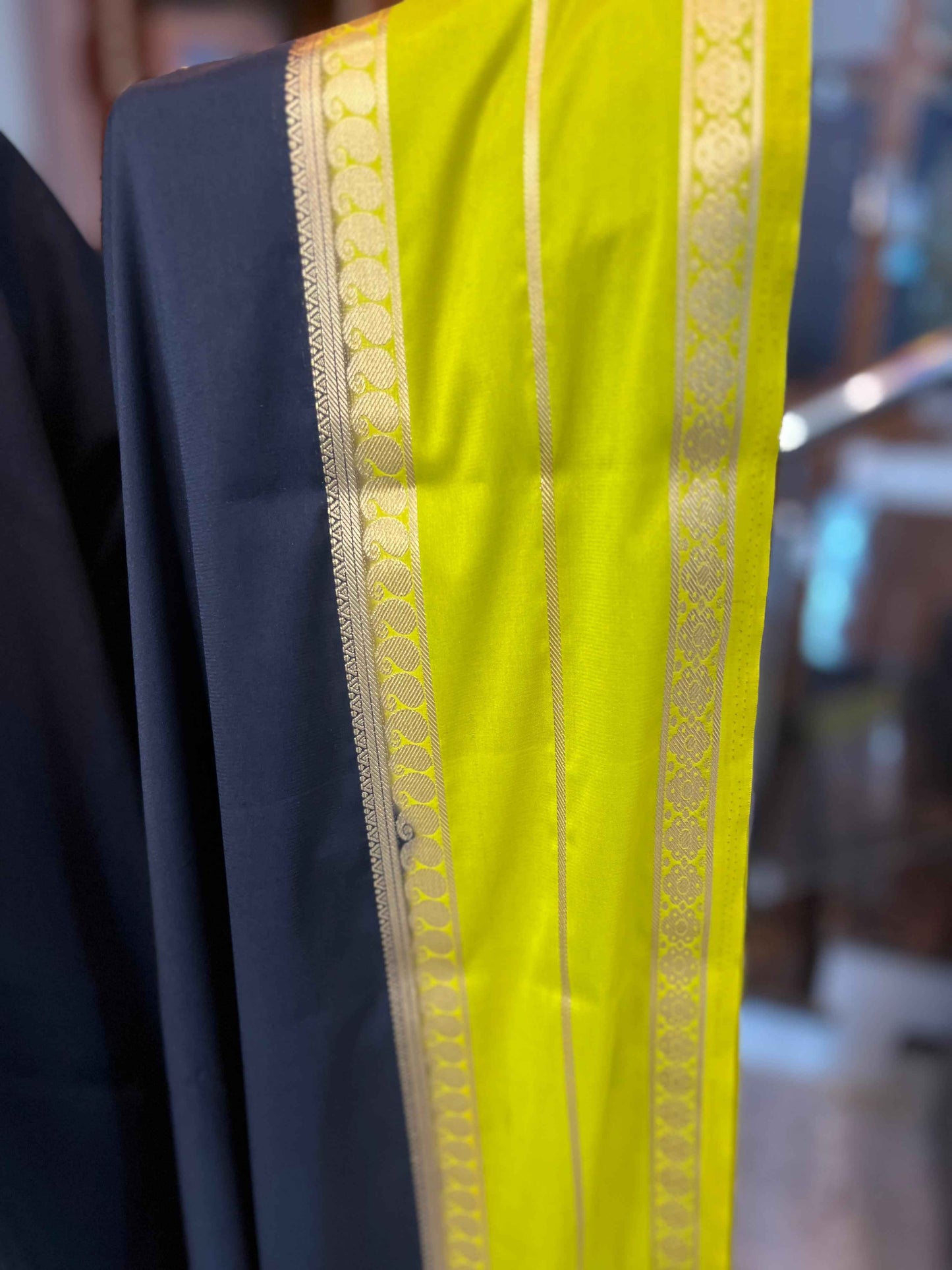 Mysore Semi Crepe Black Mango Bentex - Small Mango Design with Neon Green Accents - Craft Of Aele