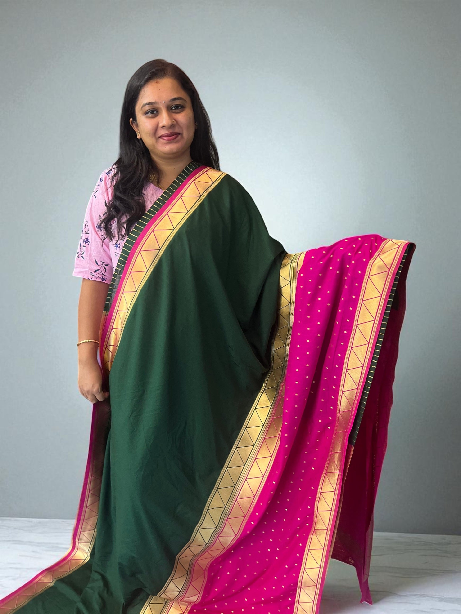 Premium Soft Banarasi Crepe Half and Half Saree in Bottle Green and Pink - Craft Of Aele