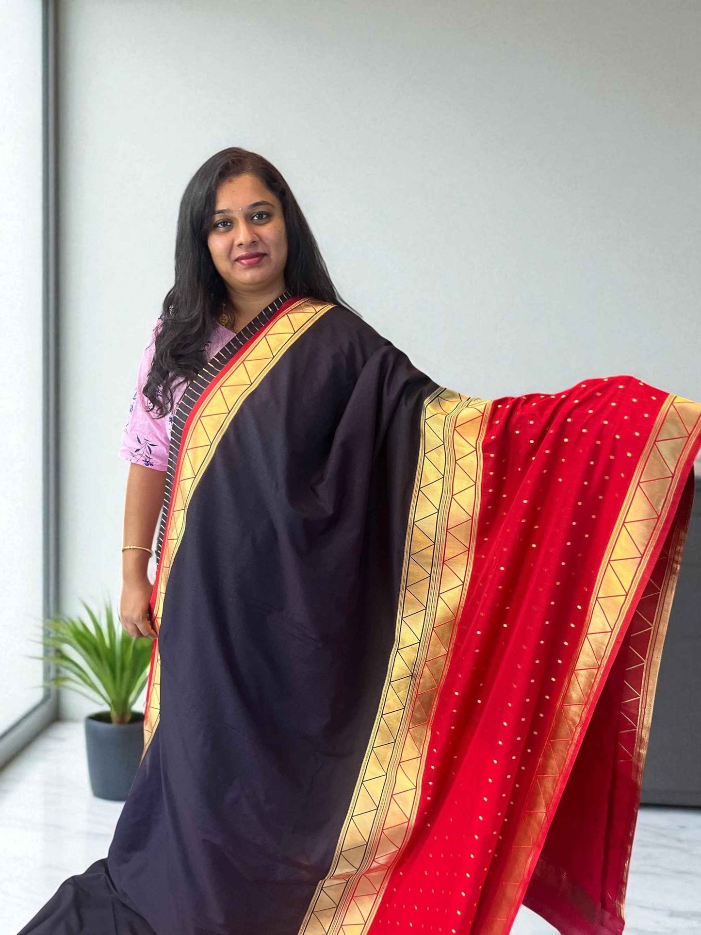 Premium Soft Banarasi Crepe Half and Half Saree in Black and Red - Craft Of Aele