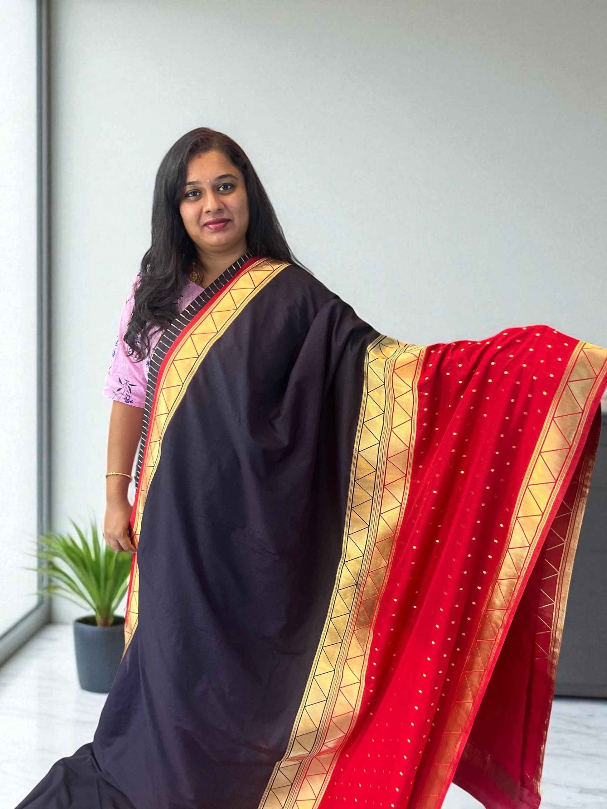 Premium Soft Banarasi Crepe Half and Half Saree in Black and Red - Craft Of Aele