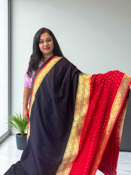 Premium Soft Banarasi Crepe Half and Half Saree in Black and Red - Craft Of Aele