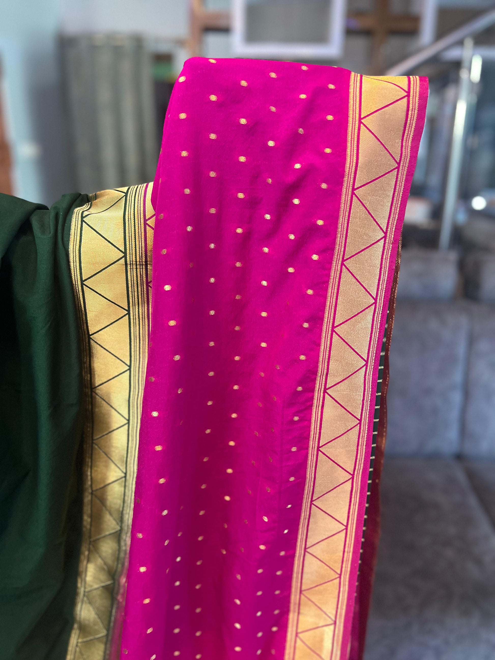 Premium Soft Banarasi Crepe Half and Half Saree in Bottle Green and Pink - Craft Of Aele