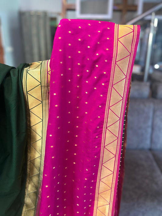 Premium Soft Banarasi Crepe Half and Half Saree in Bottle Green and Pink - Craft Of Aele